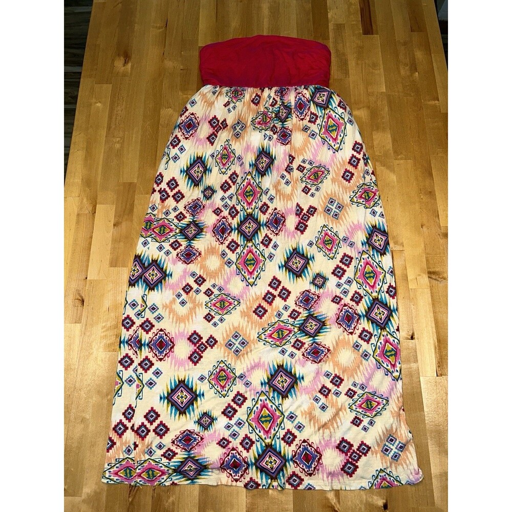 Strapless Midi Dress with Pink Bandeau & Multi-Colored Aztec Print